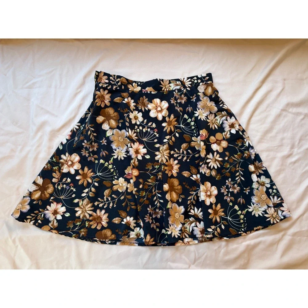Vintage All That Jazz Floral Mini Skirt Brown Tan Botanical A-Line Size 9/10